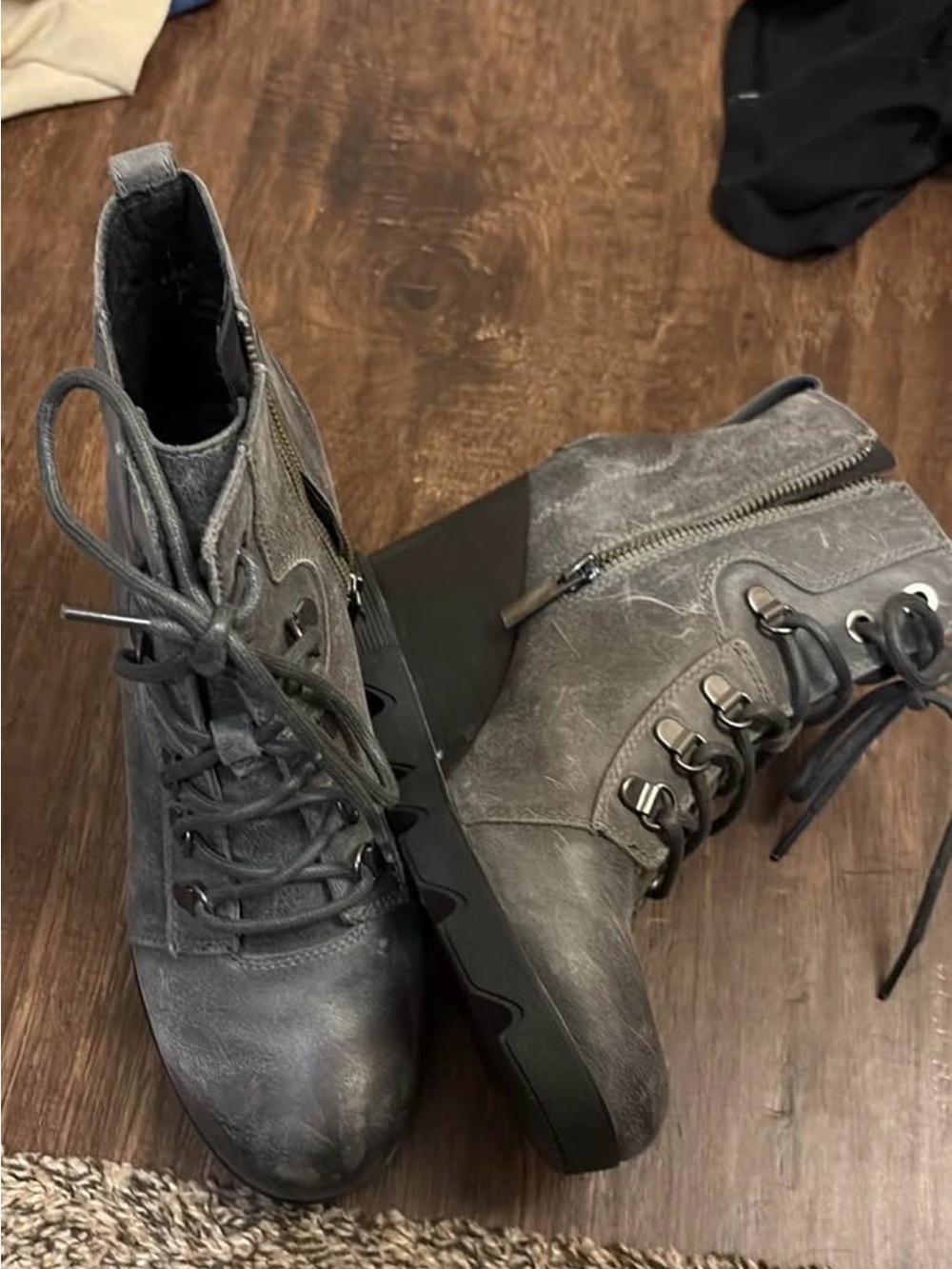 Sorel Gray Lace-Up Heeled Combat Boots with Side Zip
